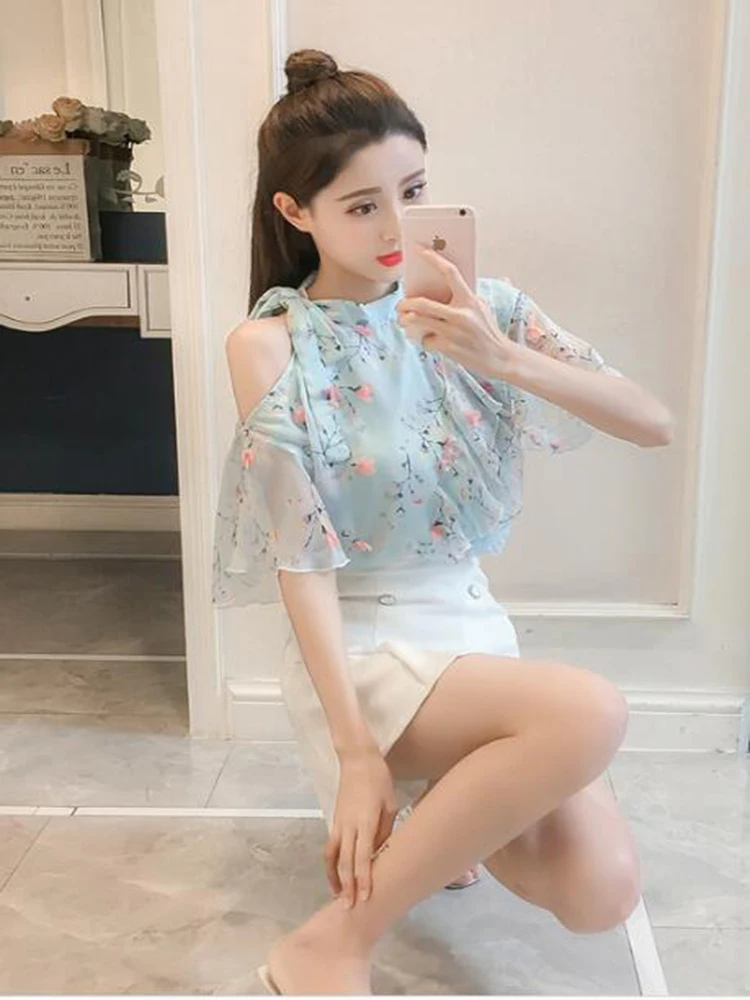 2020 Summer New Arrival Chiffon Blouse Loose Off Lotus Leaf Edge Ruffles Floral With Bow Free Shipping | Женская одежда