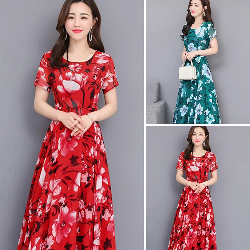 Женское платье летнее круглый вырез короткий рукав полиэстер цветочный рисунок