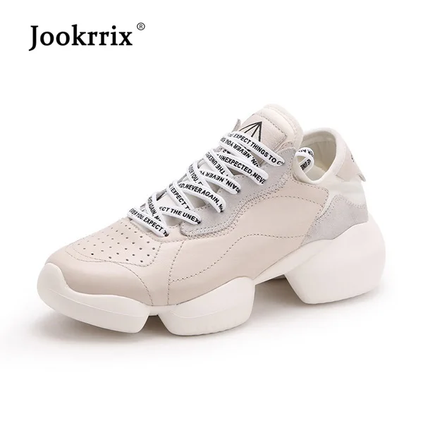 Jookrrix; женские кроссовки из коровьей кожи; Черная Женская обувь на массивном каблуке; обувь, увеличивающая рост на 5 см; белые кроссовки; женская обувь - Цвет: Бежевый