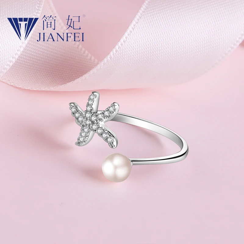 Pearl Starfish 925 sterling silver ring Open loop for Women Girls Jewelry Adjustable Size Finger Ring 6 | Украшения и аксессуары