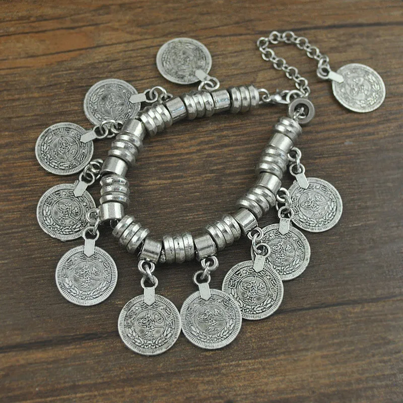 Панк Серебряная Монета браслет регулируемый ручной работы Цветочные boho