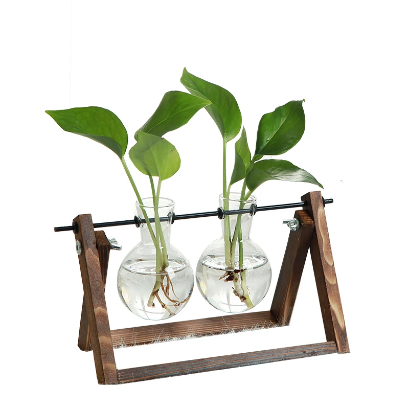 

Home Decoration Glass Transparent VaseTerrarium Table Desktop Hydroponics Plant Bonsai Flower Pot Hanging Pots with Wooden Tray