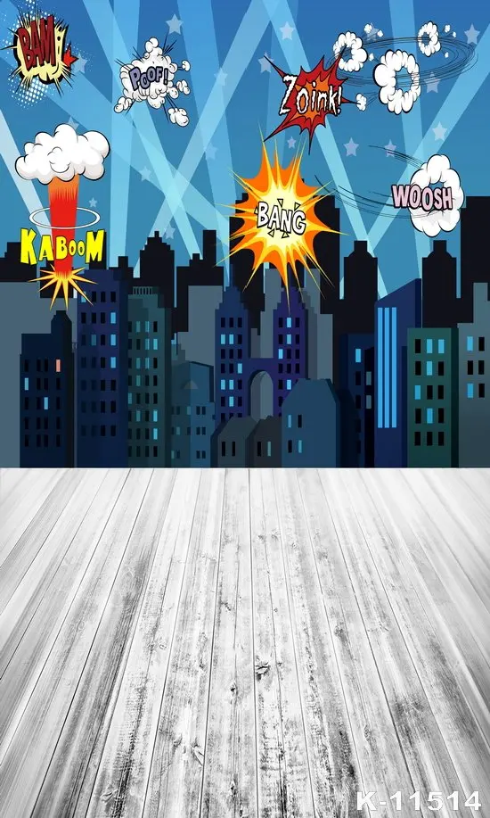 

Superhero Birthday Party City Buildings Baby Comics Poster Photo Backgrounds Wood Floor Photography Backdrop For Photo Shoot