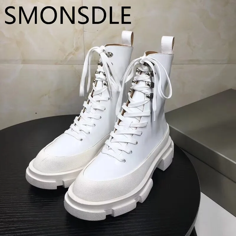 SMONSDLE/Новые черные женские ботильоны из натуральной кожи с круглым носком на