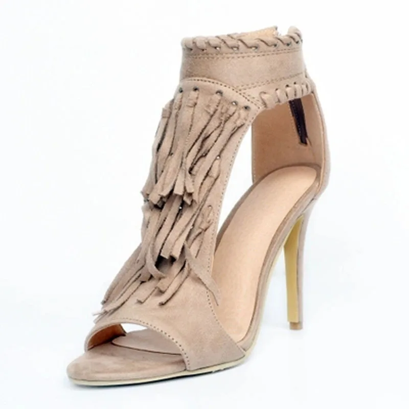 Sexy Summer Ladies Long Fringe Covered Sandal Bottines Stiletto High Heels Sandals Ankle Boots Peep toe Zip Dress Booties Shoes