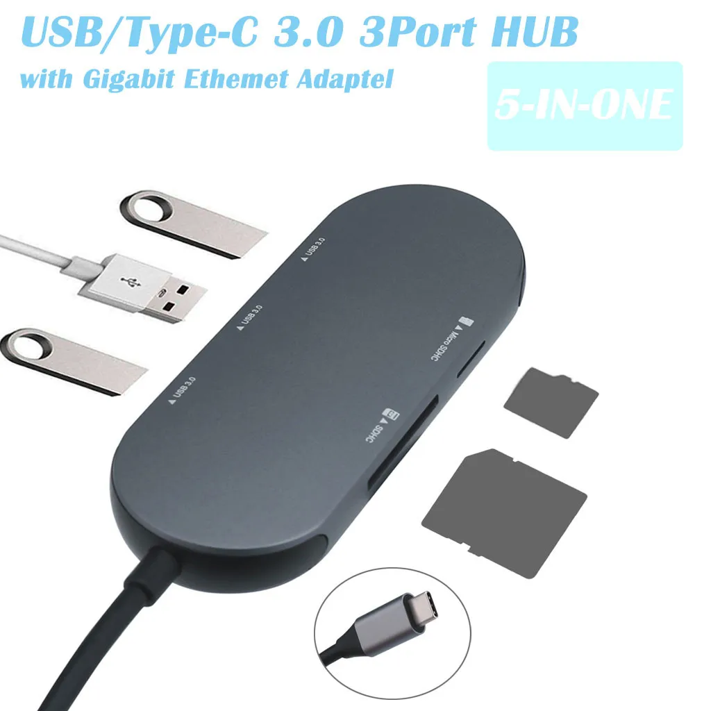 5-в-1 USB Type-C 3 0 3-портовый концентратор с SD-памятью и кардридером MicroSD адаптер 2019