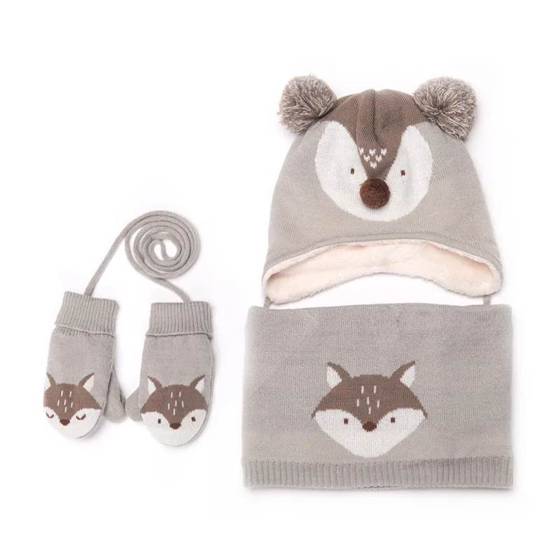 hat scarf and gloves Lemonkid, 3 шт./лот, детская зимняя шапка, шарф, детская шапка с рисунком лисы, детский теплый шарф для мальчиков, костюм, шапочка, бархатная шапка, перчатки для девочек - Цвет: hat scarf and gloves