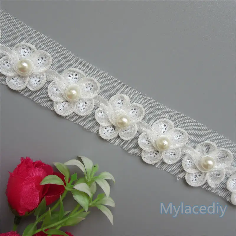 Аппликация с цветочной вышивкой и жемчужинами 10 шт.|trim ribbon|embroidered lacelace edging |