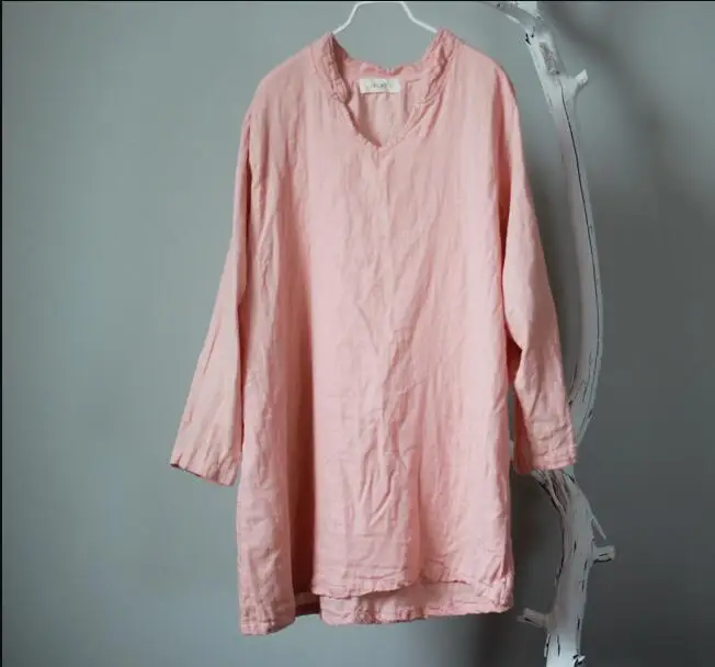 

Nefeilike Autumn New 2018 Solid Color Women Cotton Top Blouse Loose Long Sleeve V Neck Soft Breathable Vintage Shirt