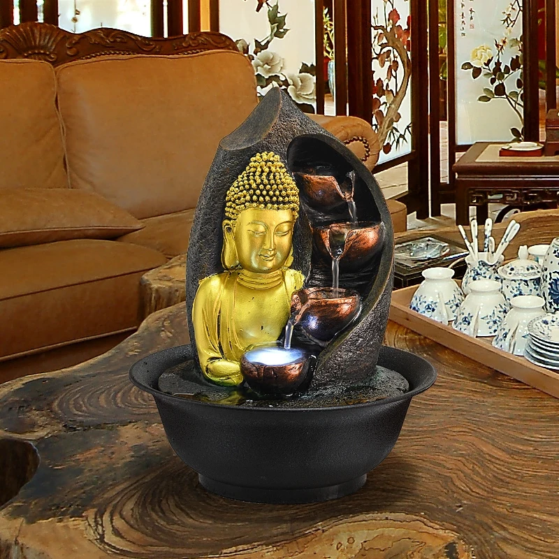 Buddha Statue Decorative Fountains Indoor Water Resin Crafts Gifts Feng Shui Desktop Home Fountain 110V 220V E | Дом и сад