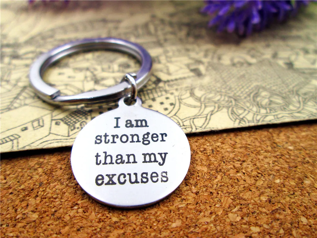 

3pcs/lot 28mm stainless steel keyring with 20mm stainless steel circle "I am stronger than my excuse" charms keyring