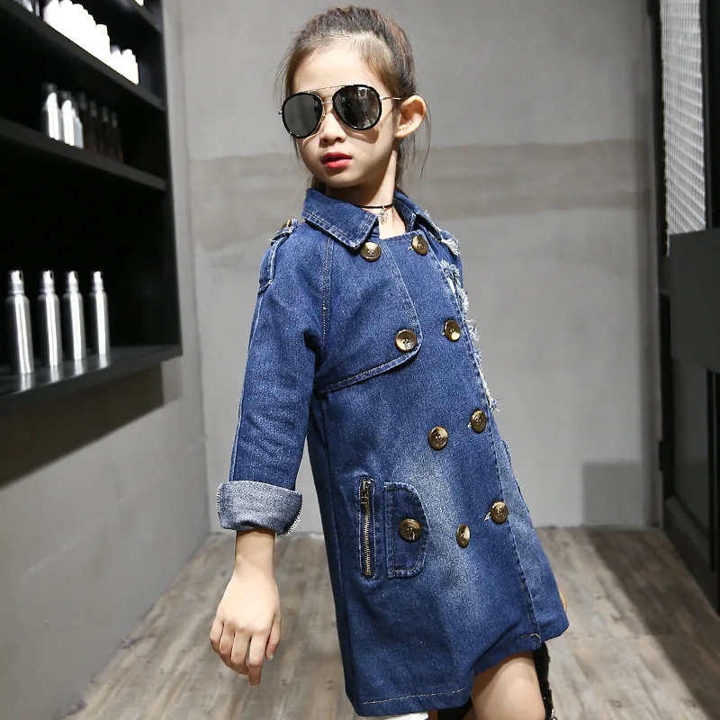 2018 New Fashion Girls Denim Jackets Double-Breasted Coats Kids Trench Coat Girl Long Style Autumn Children Outerwear |