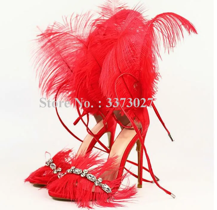 Beli Bulu Tipis Tumit Kristal Gladiator Sandal Fashion Wanita Cross-Dasi Stiletto Tinggi Tumit Sandal Bling Rhinestone Pompa