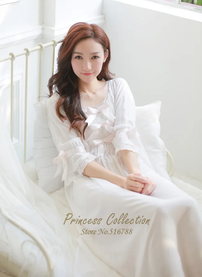 Бесплатная доставка ночная рубашка принцессы Женская белая длинная Пижама из