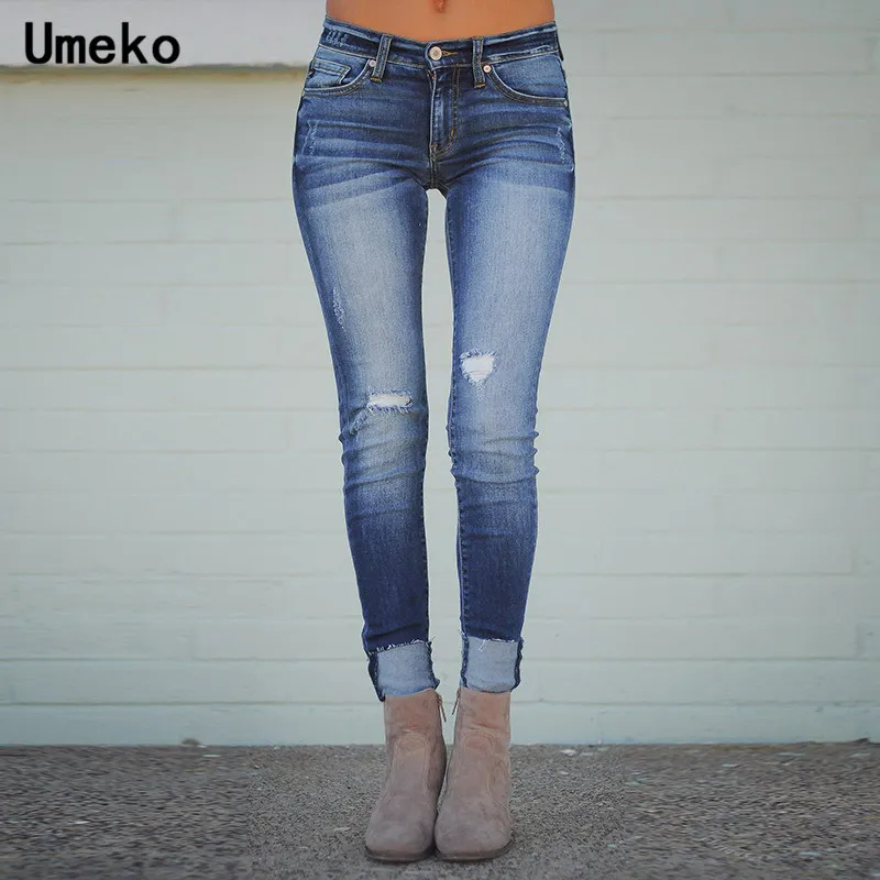 Женские узкие джинсы Umeko синие потертые с высокой талией модные длинные брюки