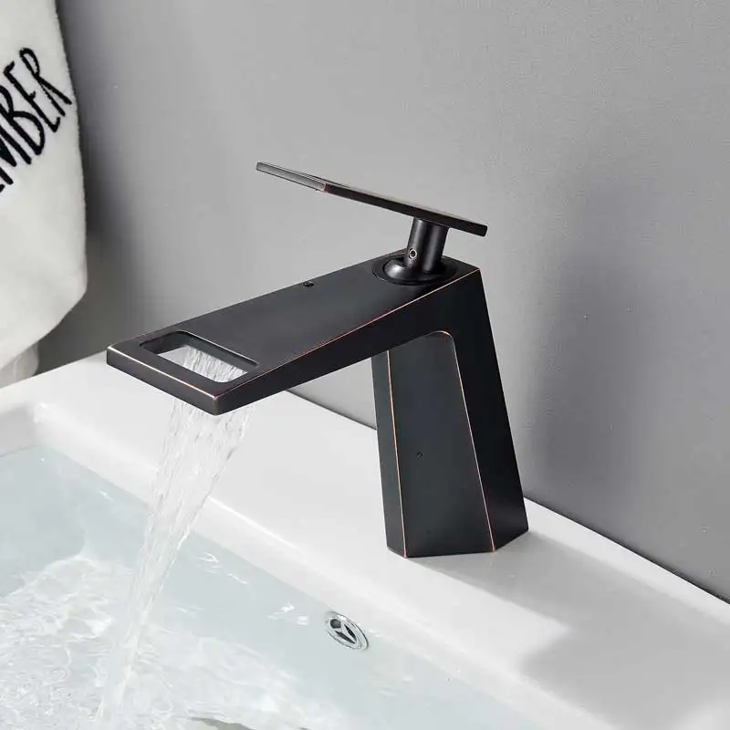 Black Bronze Черный водопад смеситель на бортике, латунный кран с одной ручкой, смеситель на бортике, хромированный белый кран для ванной комнаты, кран для горячей и холодной воды - Цвет: Black Bronze