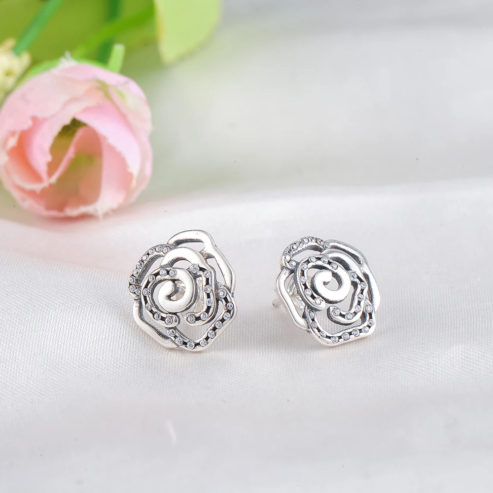 LZESHINE Trendy Original 925 Sterling Silver Rose Flower Stud Earrings with Clear CZ Women Jewelry PSER0006-B | Украшения и
