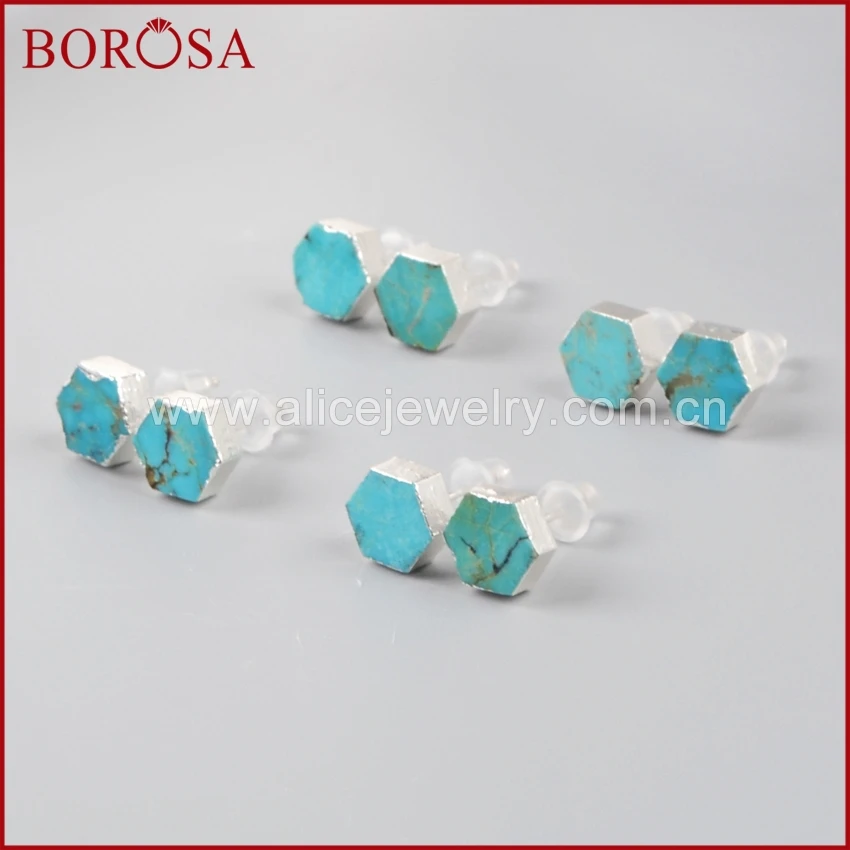 Серьги пусеты BOROSA из чистого серебра с шестиугольным синим натуральным камнем