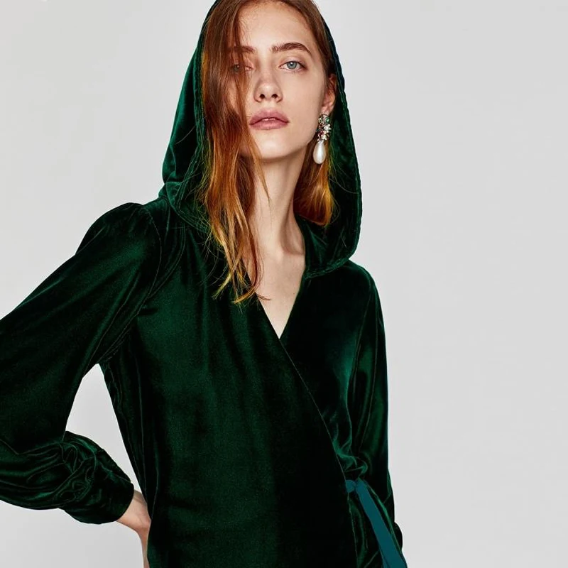 RichLuLu 2017 Sexy Vintage Velvet Mini Dress Women Hooded Solid Green Lace-Up Waist Buttons Female Elegant Vestidos Casual | Женская