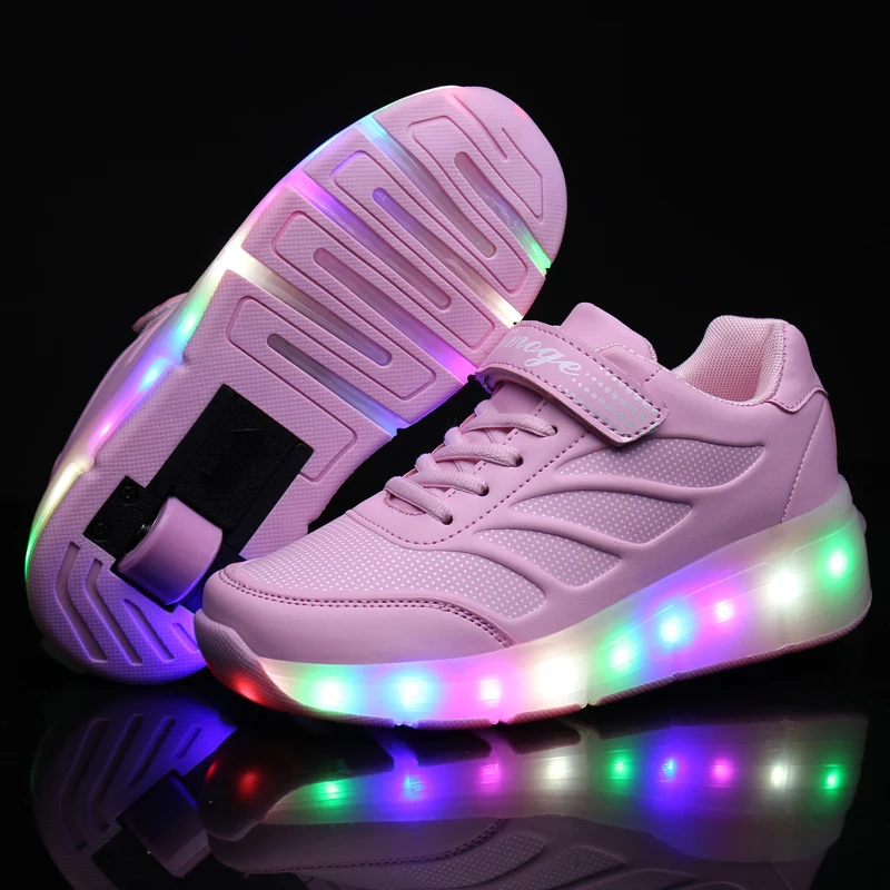 Kids Glowing girls Sneakers with wheels Led Light up Roller Skates Sport Luminous Lighted Shoes for Boys Pink Blue Black | Детская