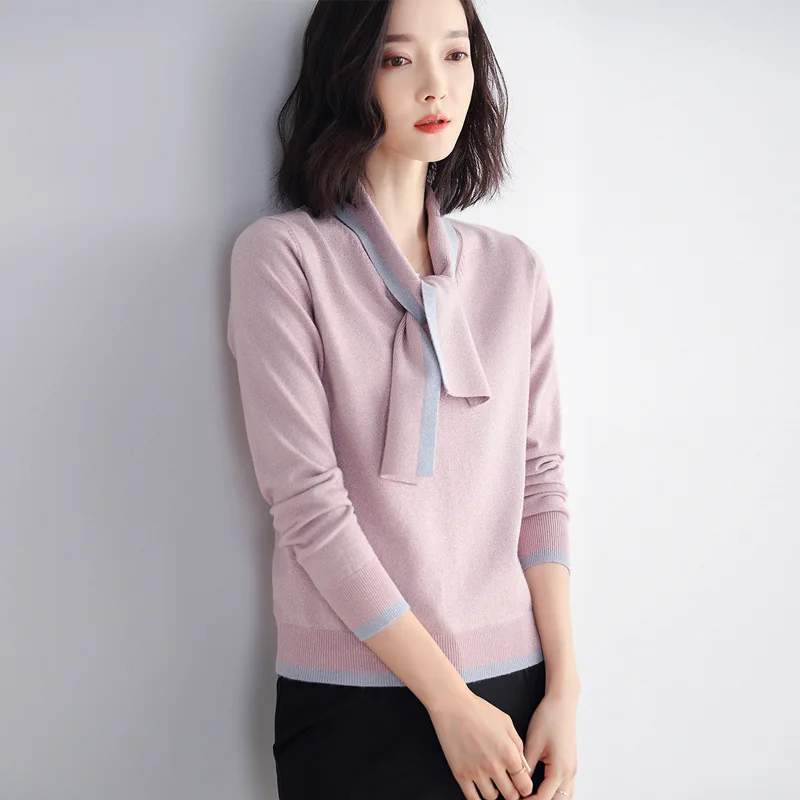 Fashion Scarf Collor Sweater Female Spring Autumn pullovers Women Bright silk Knitted Jumper Tops kz535 | Женская одежда