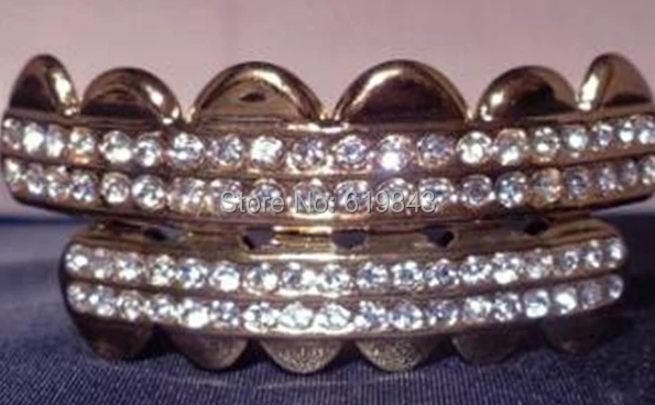 Настоящий блестящий! позолоченный хип хоп ЗУБЫ GRILLZ набор верхней и нижней