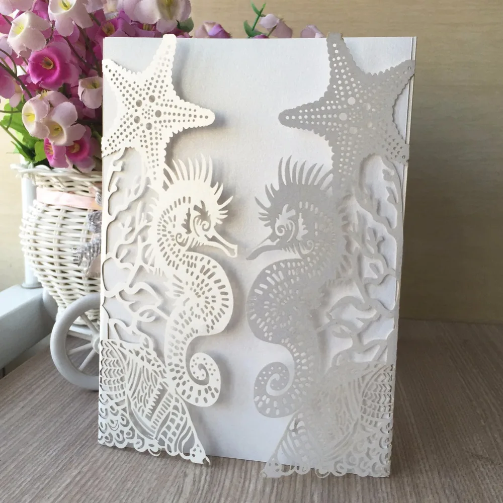 

100pcs Beach wedding decoration Wedding Invitation Card Beach Party Invitation card seahorse and shell Design marriage card