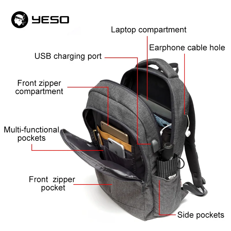 YESO рюкзак для ноутбука с usb зарядным портом большой емкости бизнес рюкзаки женщин