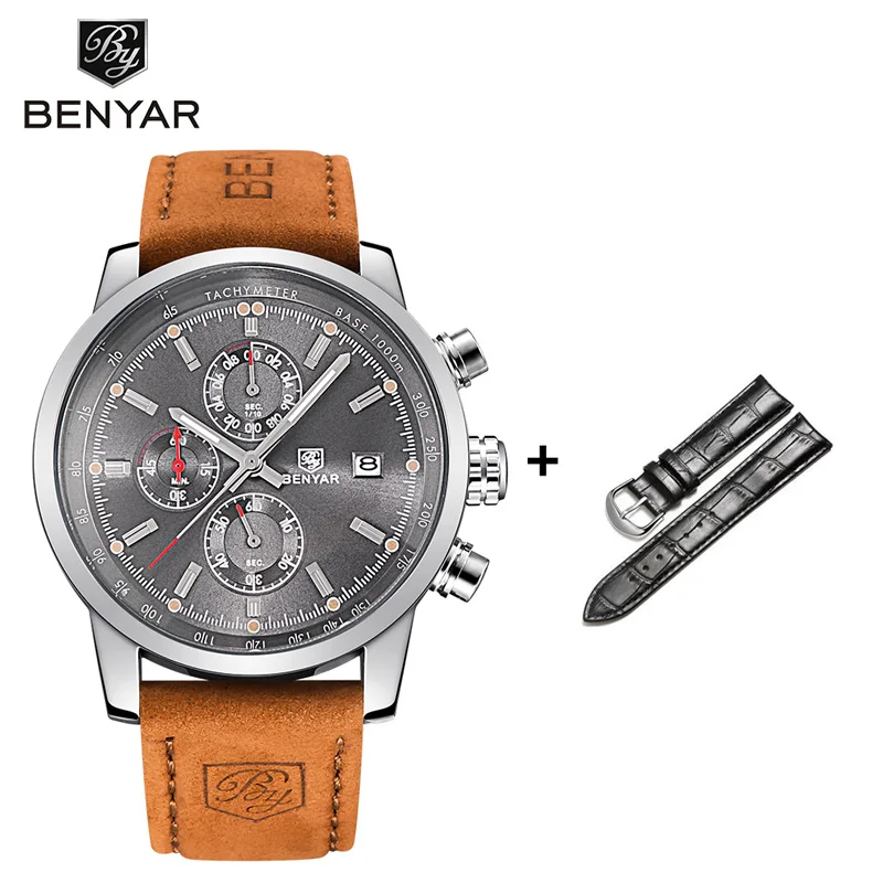 Silver Gray No Box Наручные часы BENYAR, мужские часы, модный набор, кварцевые, Топ бренд, Роскошные, хронограф, кожа, спортивные часы, мужские часы, Relogio Masculino - Цвет: Silver Gray No Box