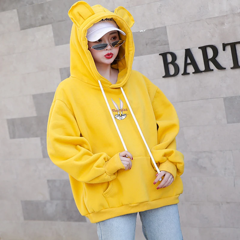 Женские бархатные толстовки Kpop Kawaii Rabbit с принтом из мультфильма свободная