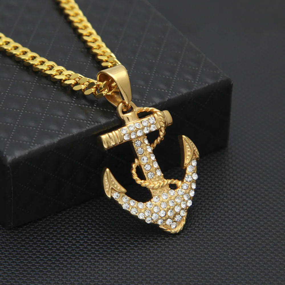 CY & CM Мужская и женская подвеска золотой якорь из нержавеющей стали Lced Out CZ горный