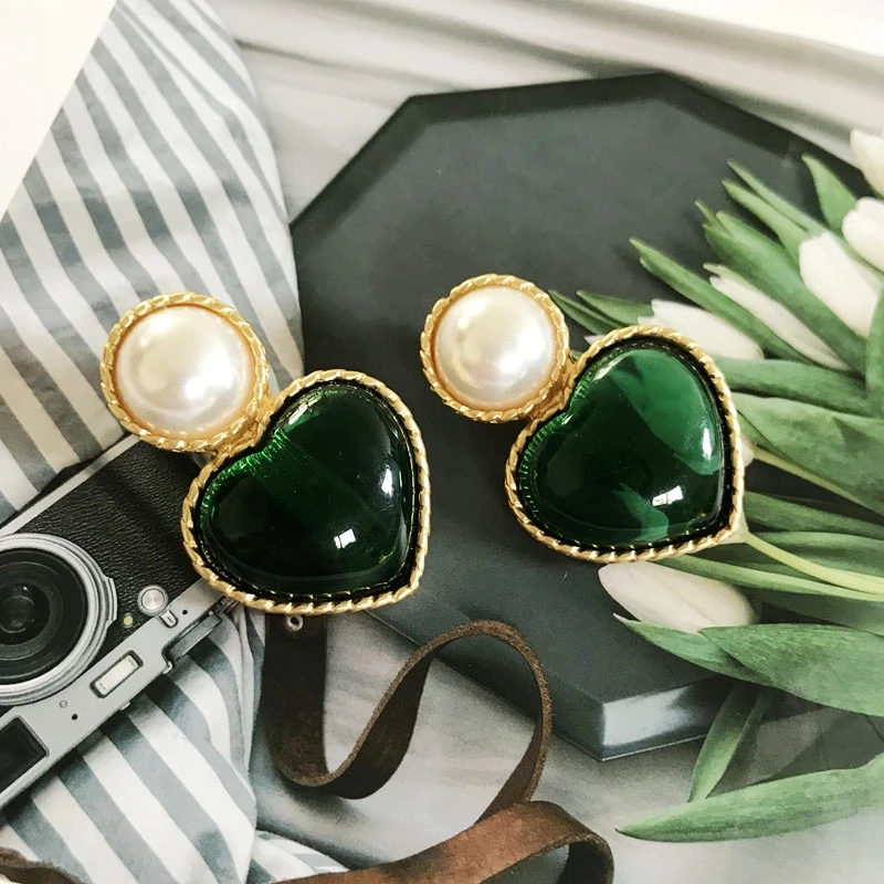 Green Colors Earring Styles, Geometric Alloy Enamel Resin Clip Earring, Fan Flower Heart Round Jewelry images - 6