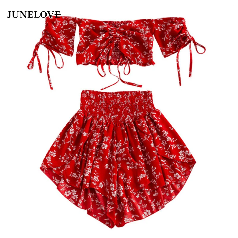 Женский летний комплект JuneLove с открытыми плечами и цветочным принтом короткий