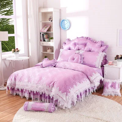 A3 Purple Белый/розовый сладкий принцесса сатин хлопок домашний постельный комплект 4 шт. Кружева оборками пододеяльник покрывало кровать юбка постельное белье Король Королева - Цвет: A3 Purple