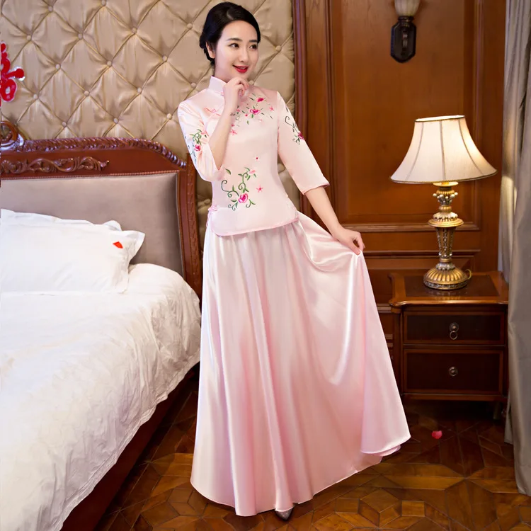 Китайское платье подружки невесты с вышивкой Розовые Свадебные платья Ципао