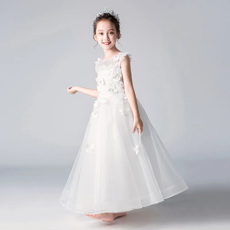 Элегантное свадебное платье для девочек длинное белое Тюлевое кружевное бальное