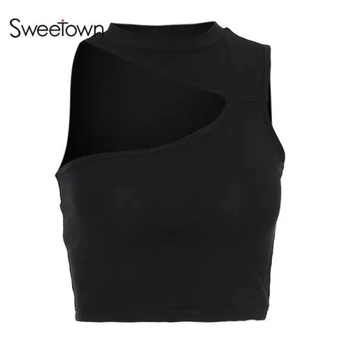 black Sweetown белый короткий топ, рубашка Уличная Сексуальная Открытая спереди черные женские летние топы без рукавов красный топ-бюстье на бретелях - Цвет: black