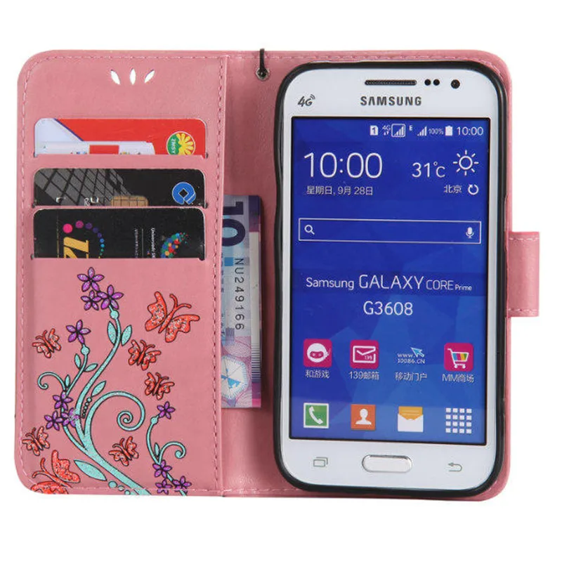 Модный 3D цветной кожаный флип чехол с цветком и бабочкой для Samsung Galaxy Core Prime Lte G360