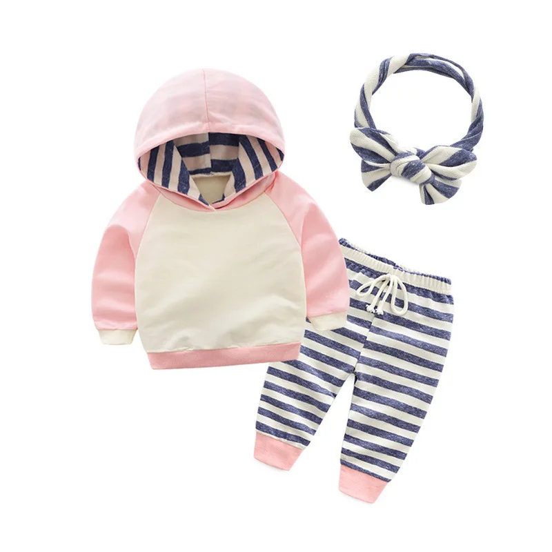 

2018 Autumn infant Baby Girls Boys Clothes Long Sleeve Stripe Hooded Tops+Pants+Hat 3pcs Set Super Cute Baby Clothing Outfits
