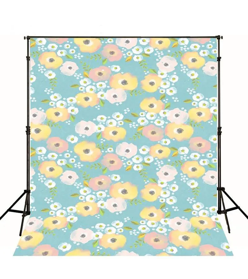 Розовый желтый милый цветок листья синий фон для фотосъемки виниловая ткань