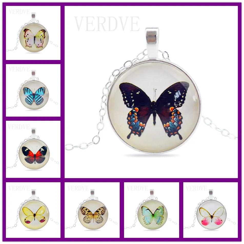 VERDVE Vintage Fine Jewelry Glass Cabochon Necklace&ampPendant Butterfly Statement Chain Necklace Silver Color Women | Украшения и