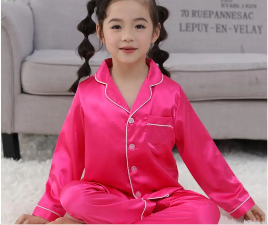 Red long sleeve Пижамный комплект из шелковой ткани для мальчиков и девочек от 3 до 15 лет коллекция года, Весенняя Детская домашняя одежда ночное белье комплект одежды для девочек - Цвет: Red long sleeve