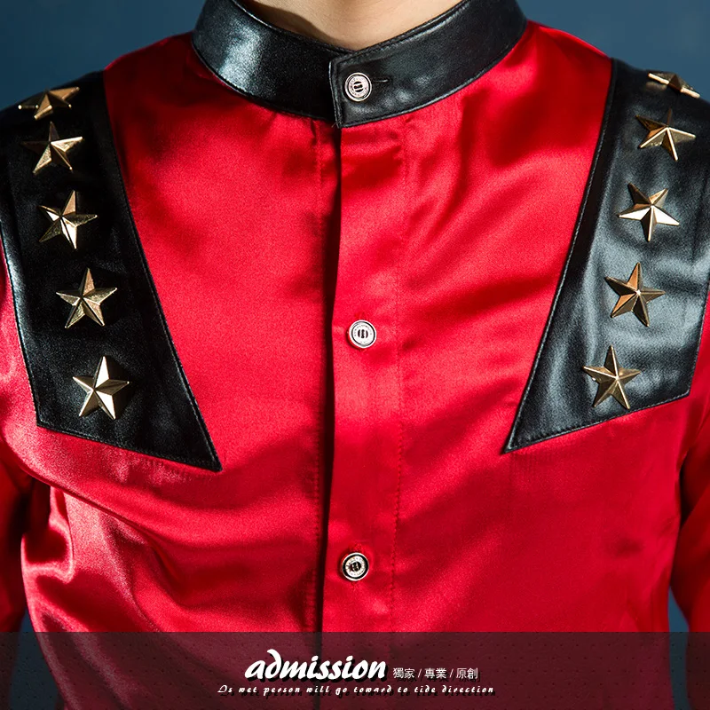 Новинка 2016 Мужская модная одежда мужская красная рубашка с заклепками для