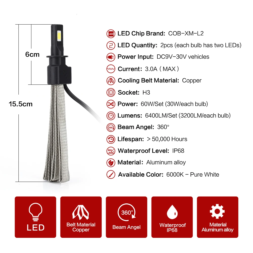 LEADTOPS супер яркий H7 светодиодный H4 Автомобильные фары H3 H8 H9 H11 9005 9006 H1 880 лампы авто лампы автомобилей противотуманных 6000 К EG