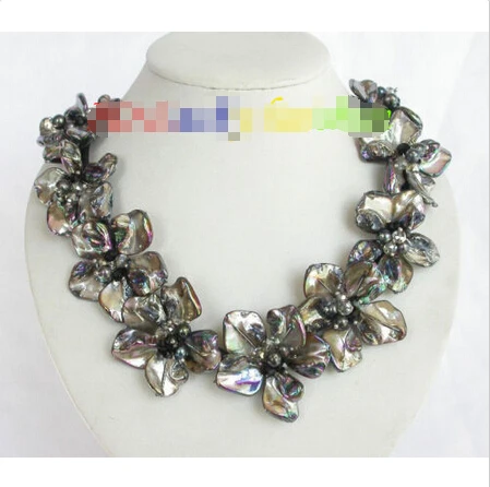 

Free shipping >>>>>>handcraft Baroque bloom black pearls seashell crystal choker leather necklace