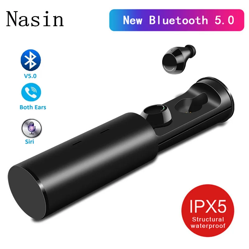 black Nasin TWS29 IPX5 Водонепроницаемый Bluetooth 5,0 настоящая беспроводная гарнитура Мини сенсорные стерео наушники с зарядным устройством для Xiaomi - Цвет: black