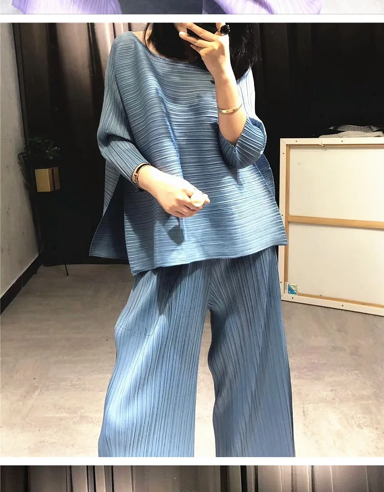 Changpleat свободные женские комплекты Miyak плиссированные модные однотонные широкие брюки и футболки два предмета женские костюмы размера плюс