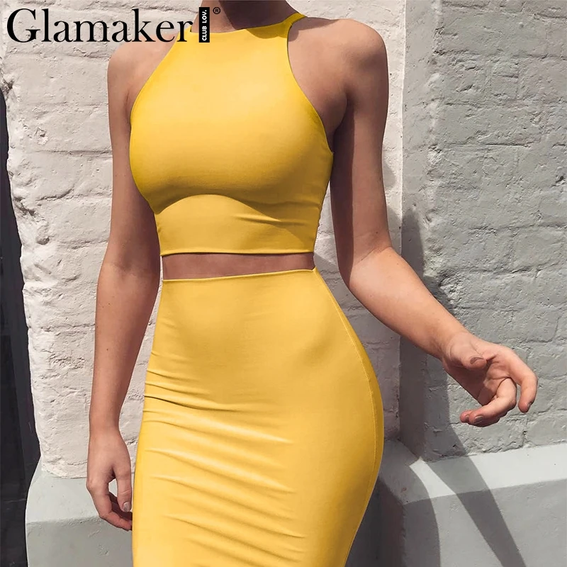 Женское облегающее короткое платье Glamaker желтое винтажное миди без рукавов