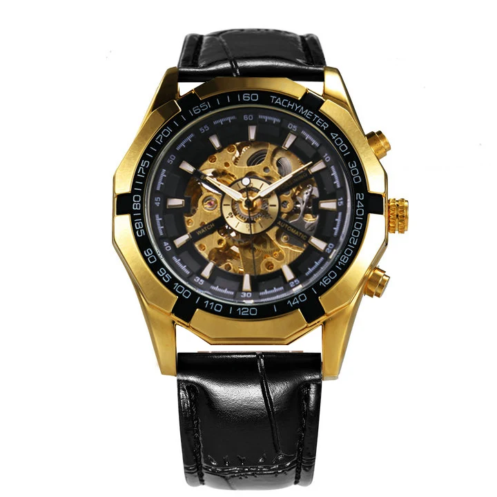 GOLD BLACK FORSINING золотые мужские часы лучший бренд класса люкс Скелет автоматические механические мужские часы кожаный ремешок платье спортивные наручные часы - Цвет: GOLD BLACK