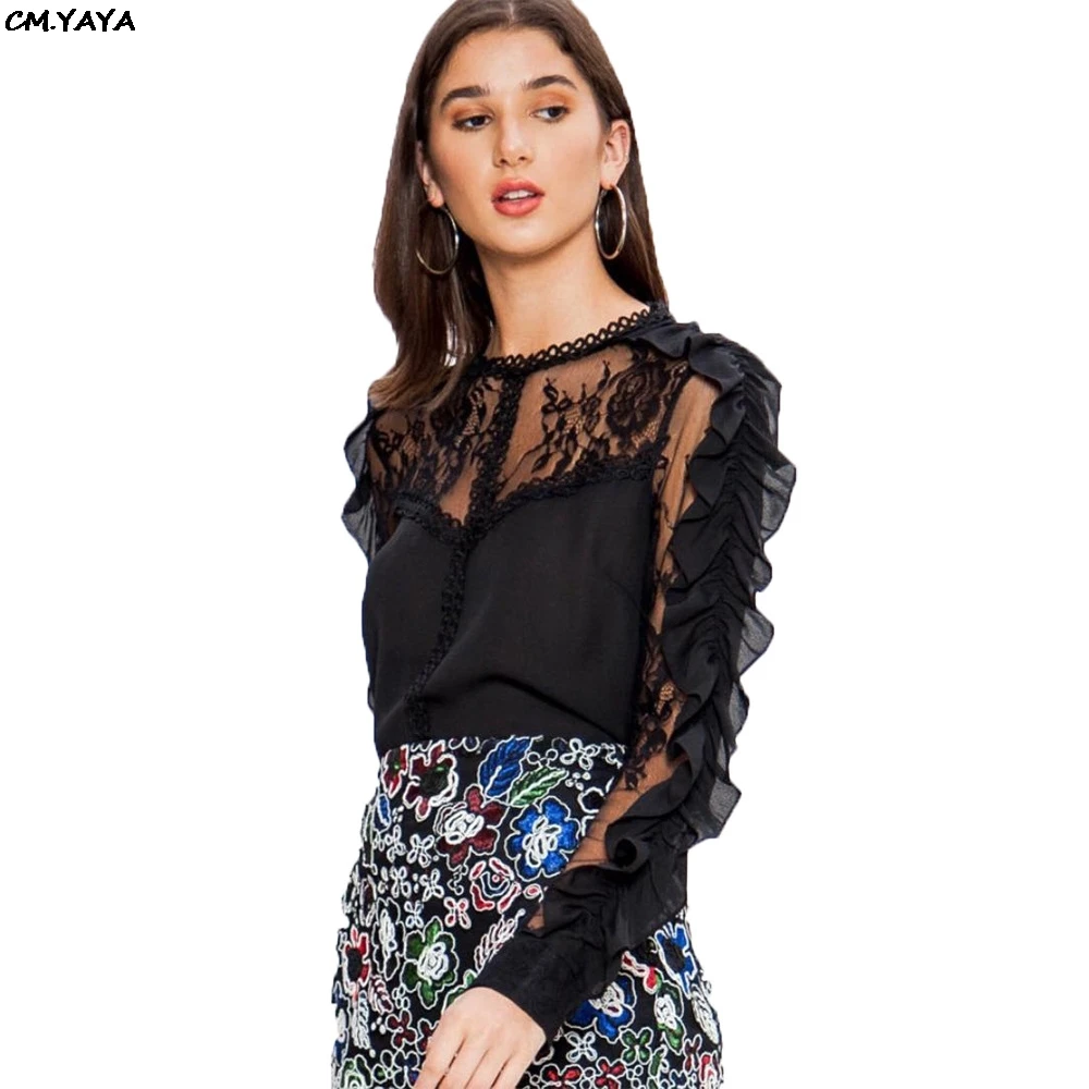 new ruffles mesh long sleeve patchwork blouses shirts faux leather straight pants two pieces women's sets outfits GL5081 | Женская